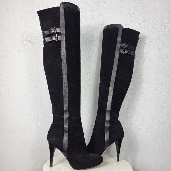 MICHAEL KORS~6.5/7~BLACK BUCKLE FULL ZIPPER LEATHER HEELED OVER THE KNEE BOOTS - Picture 1 of 16